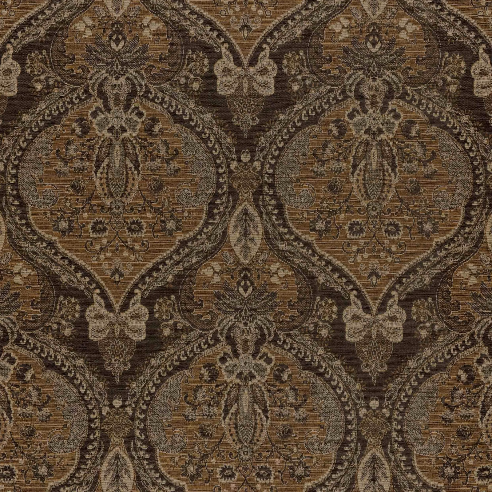 Warm taupe damask textile with charcoal outlines and dense horizontal woven texture