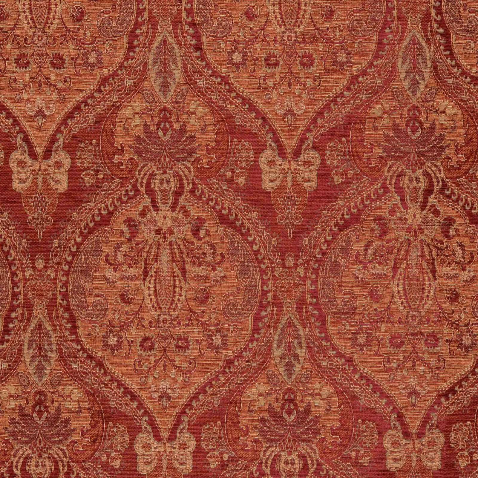 Warm brick-red woven damask with large ornate medallions and fine distressed texture