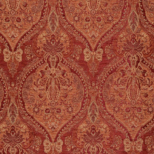Warm brick-red woven damask with large ornate medallions and fine distressed texture