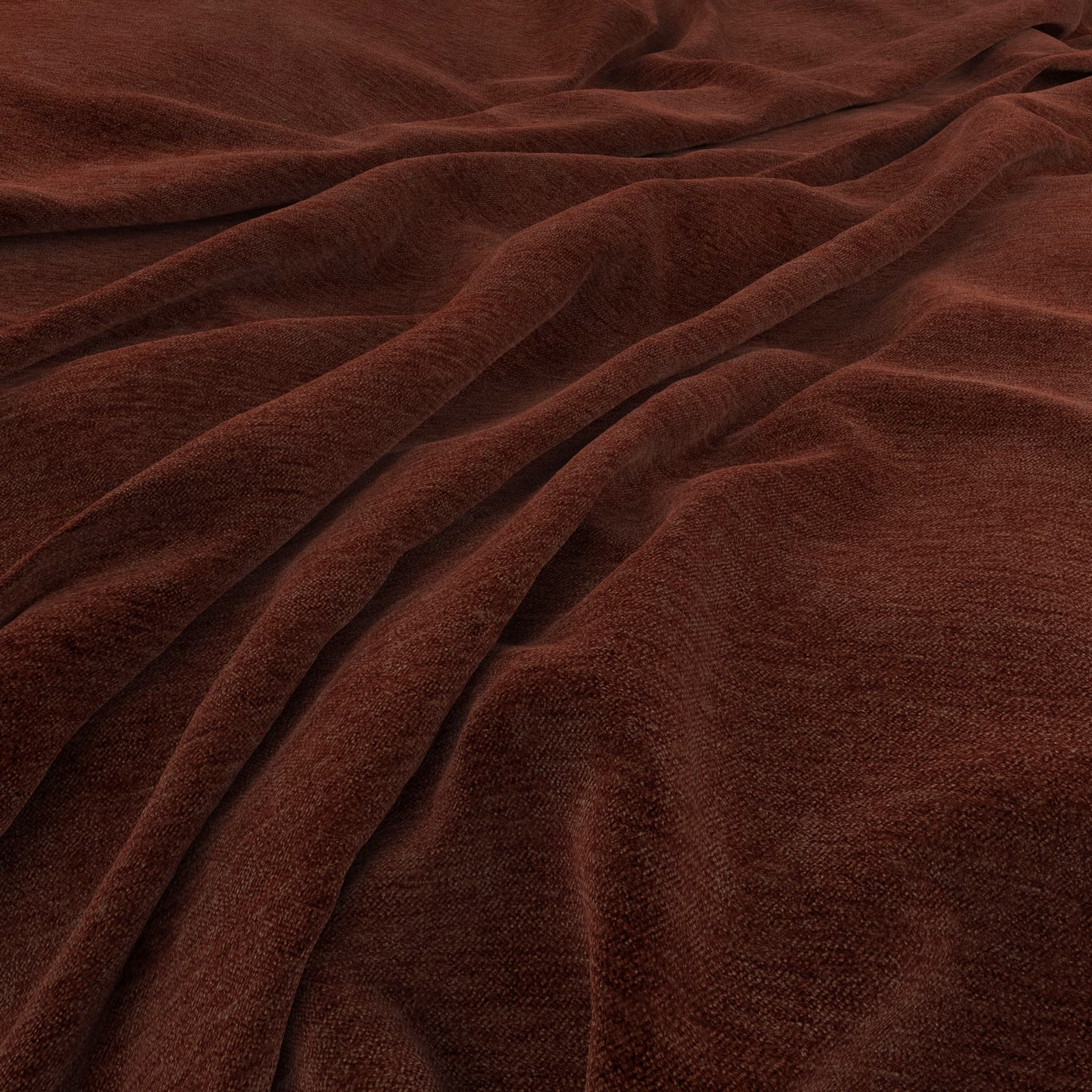 Deep russet-brown plush fabric showing softly brushed pile across gathered folds