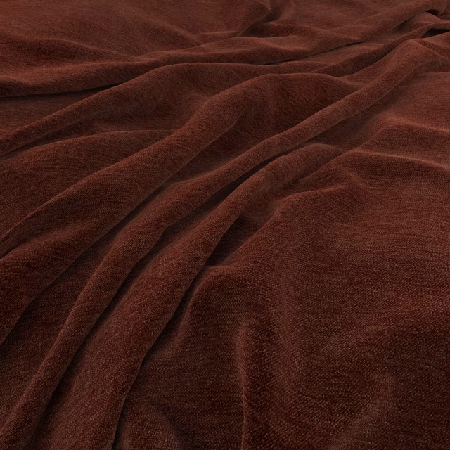 Deep russet-brown plush fabric showing softly brushed pile across gathered folds