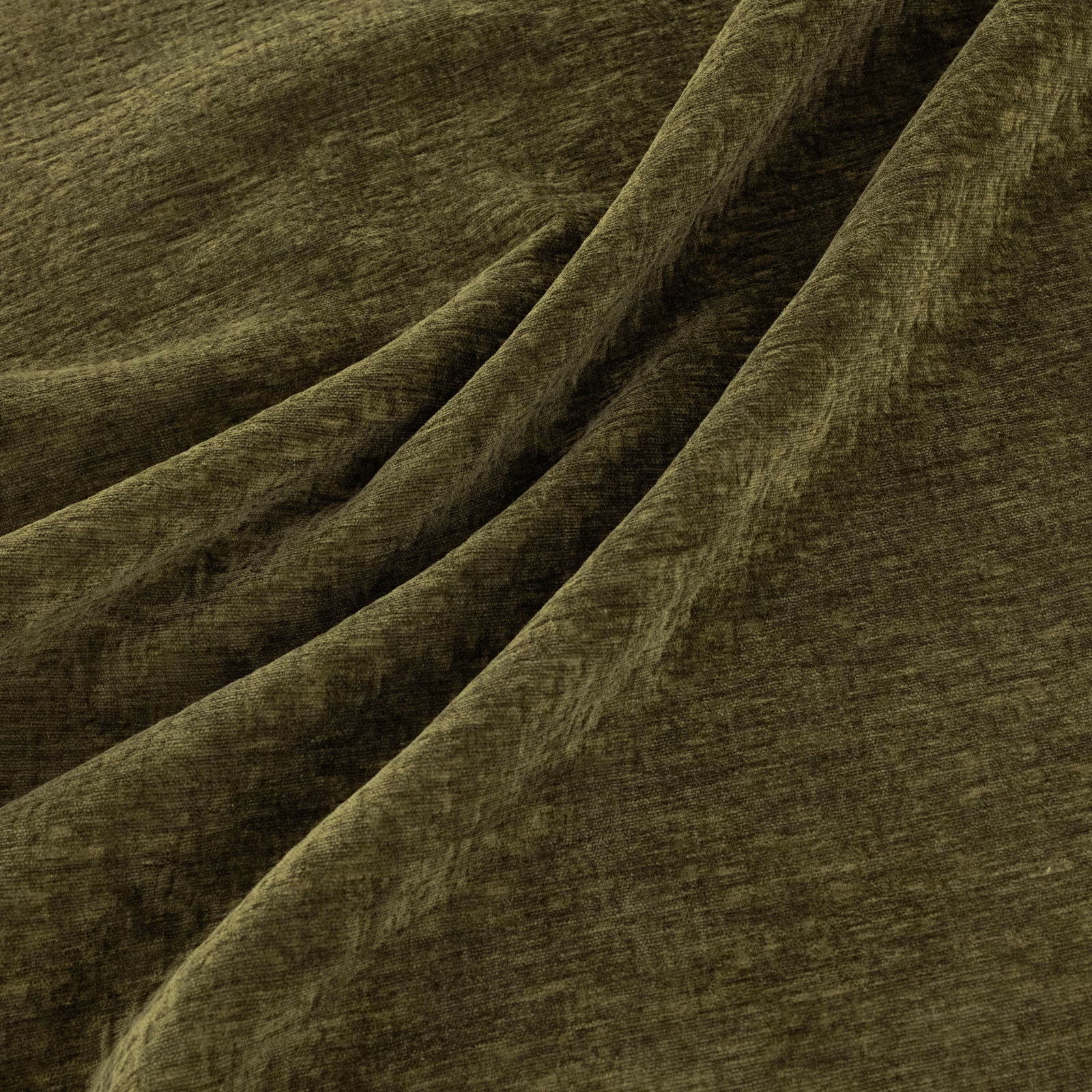 Deep moss-green plush fabric with softly brushed texture and pronounced draped folds