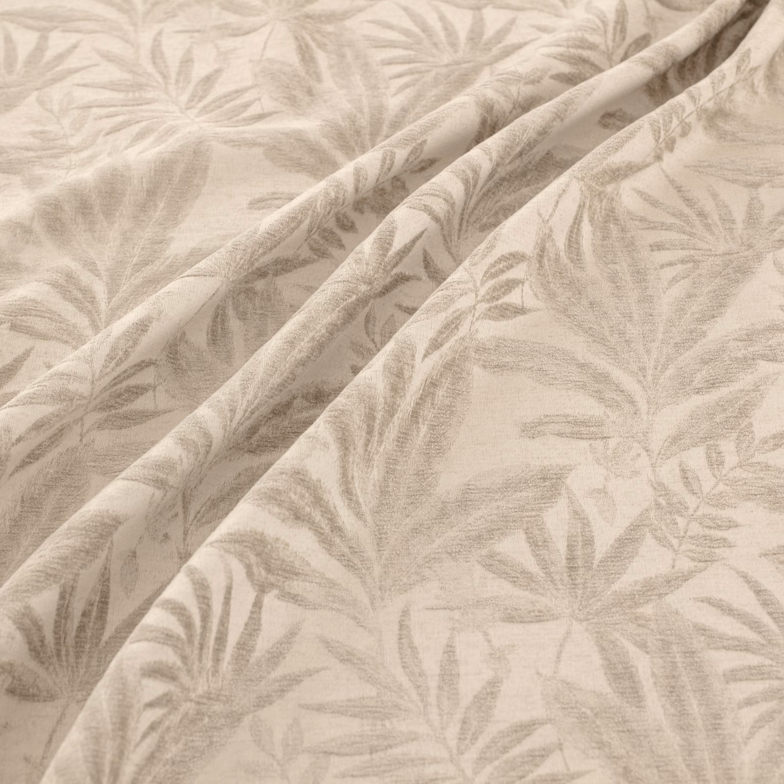 Warm sand fabric with washed grey botanical leaves and soft woven texture