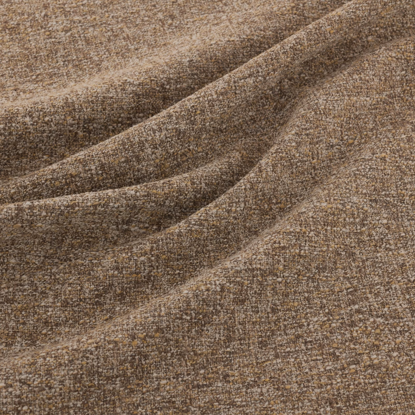 Warm mocha-brown woven fabric with pale flecks and softly rippled folds