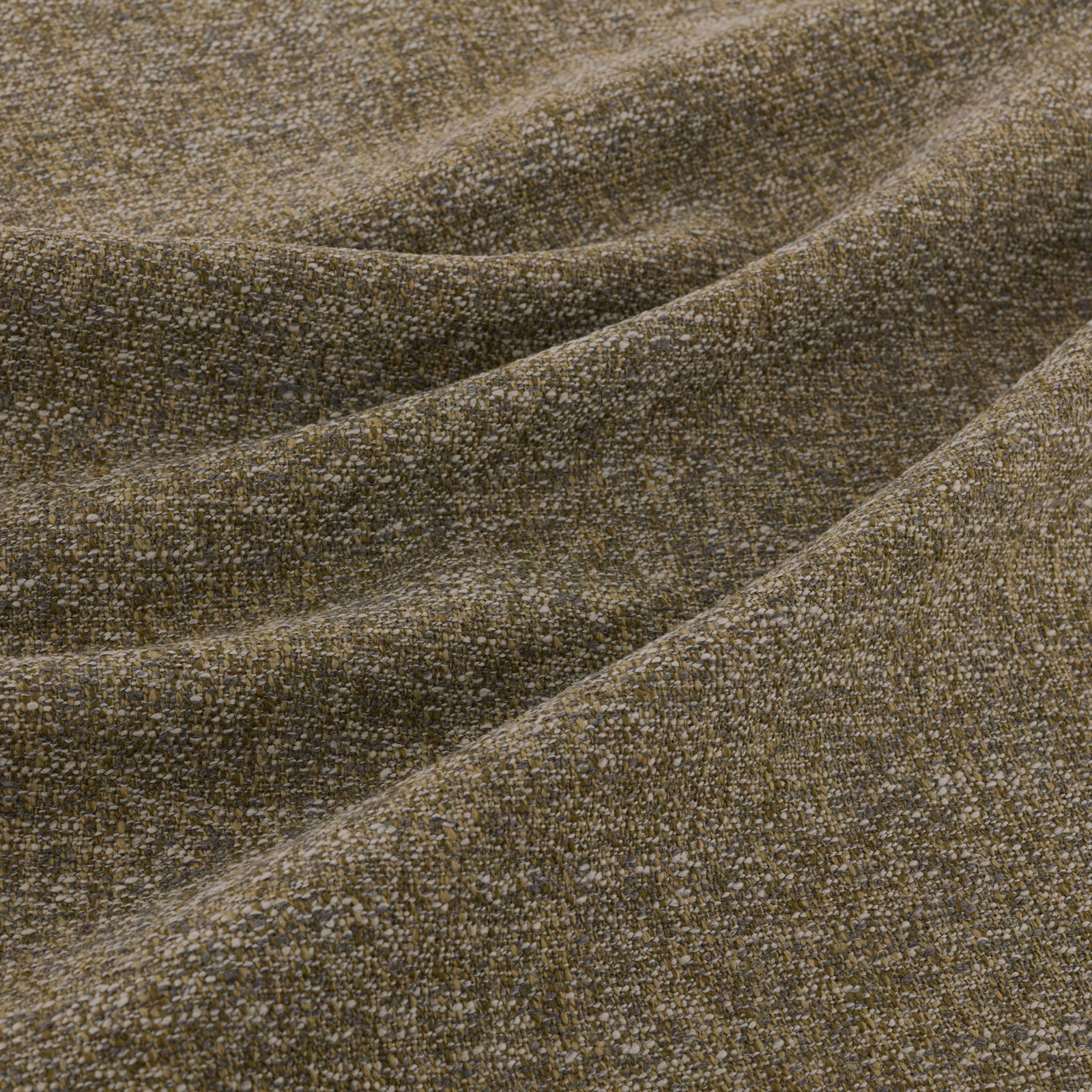 Close-up of muted moss olive-brown woven textile with fine flecked texture and folds
