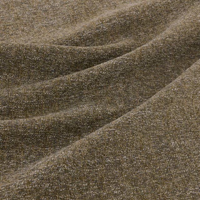 Close-up of muted moss olive-brown woven textile with fine flecked texture and folds