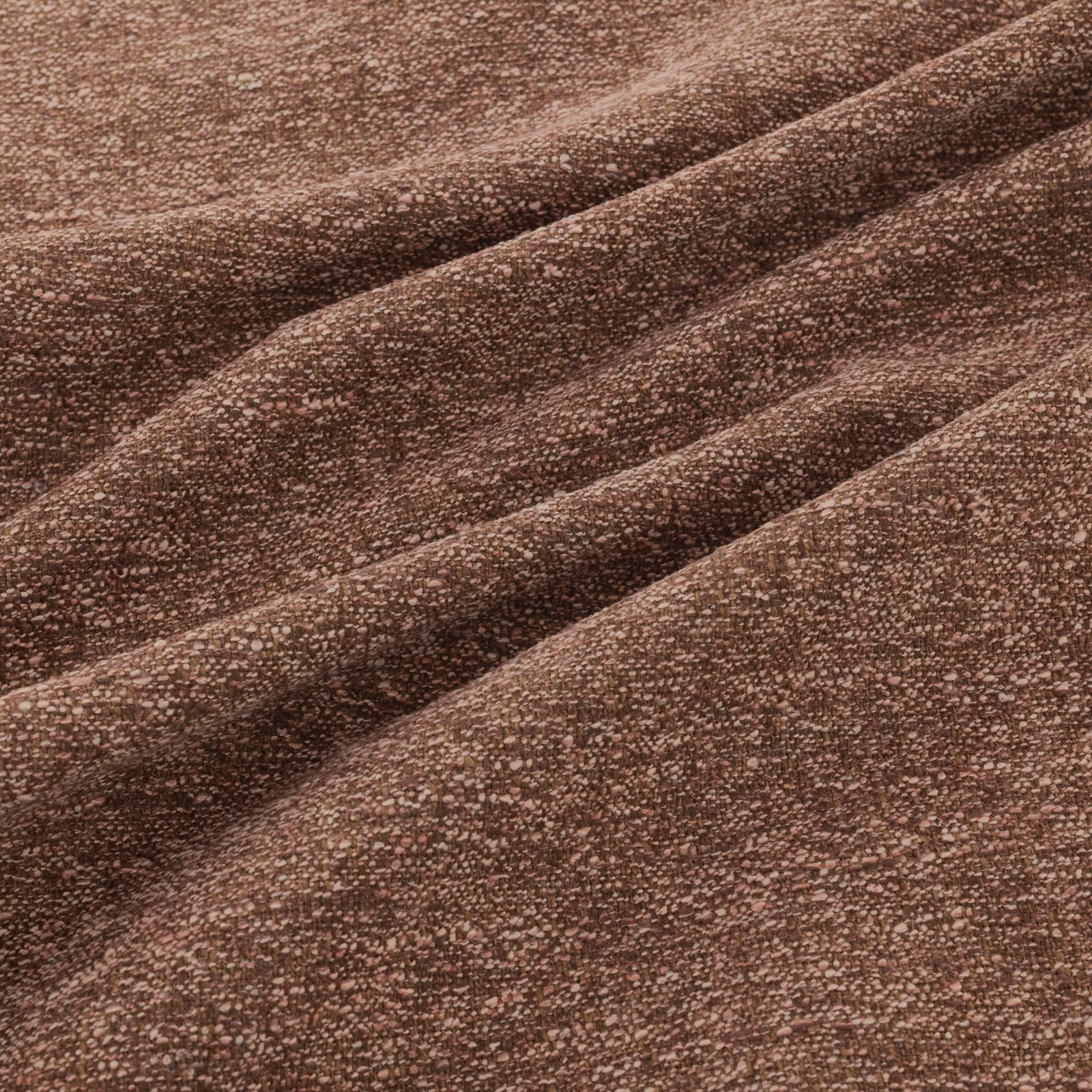 Deep plum-brown nubby woven fabric gathered in soft diagonal folds
