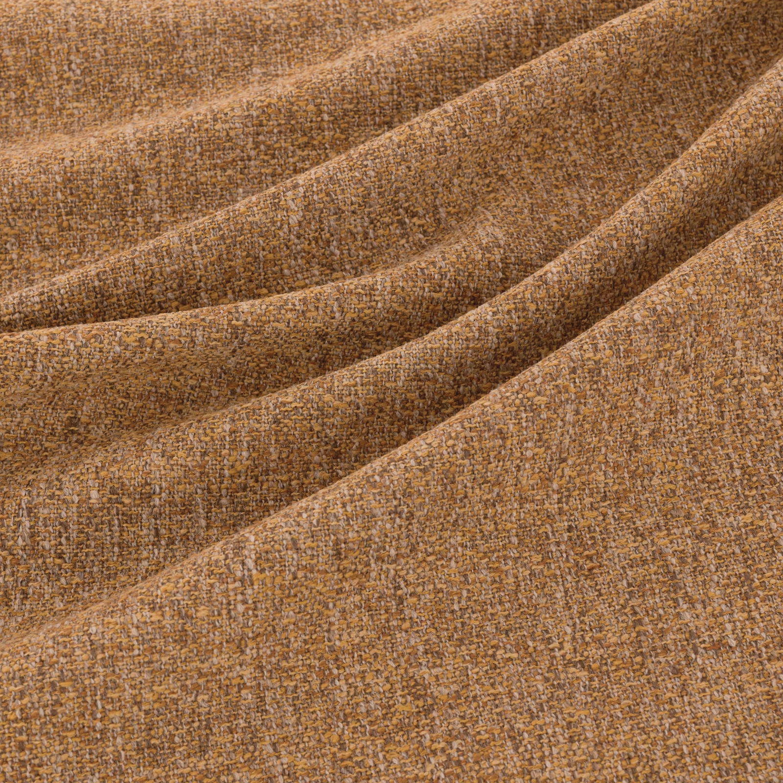 Warm ochre-brown woven fabric with fine crosshatch texture and soft draped folds