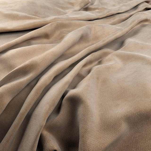 Warm biscuit-beige fabric with fine woven texture gathered into soft folds