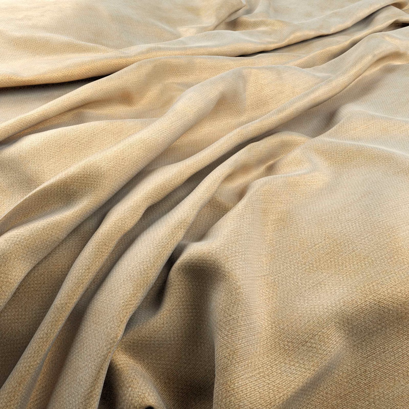 Warm champagne-beige fabric with fine weave draped into softly shadowed folds