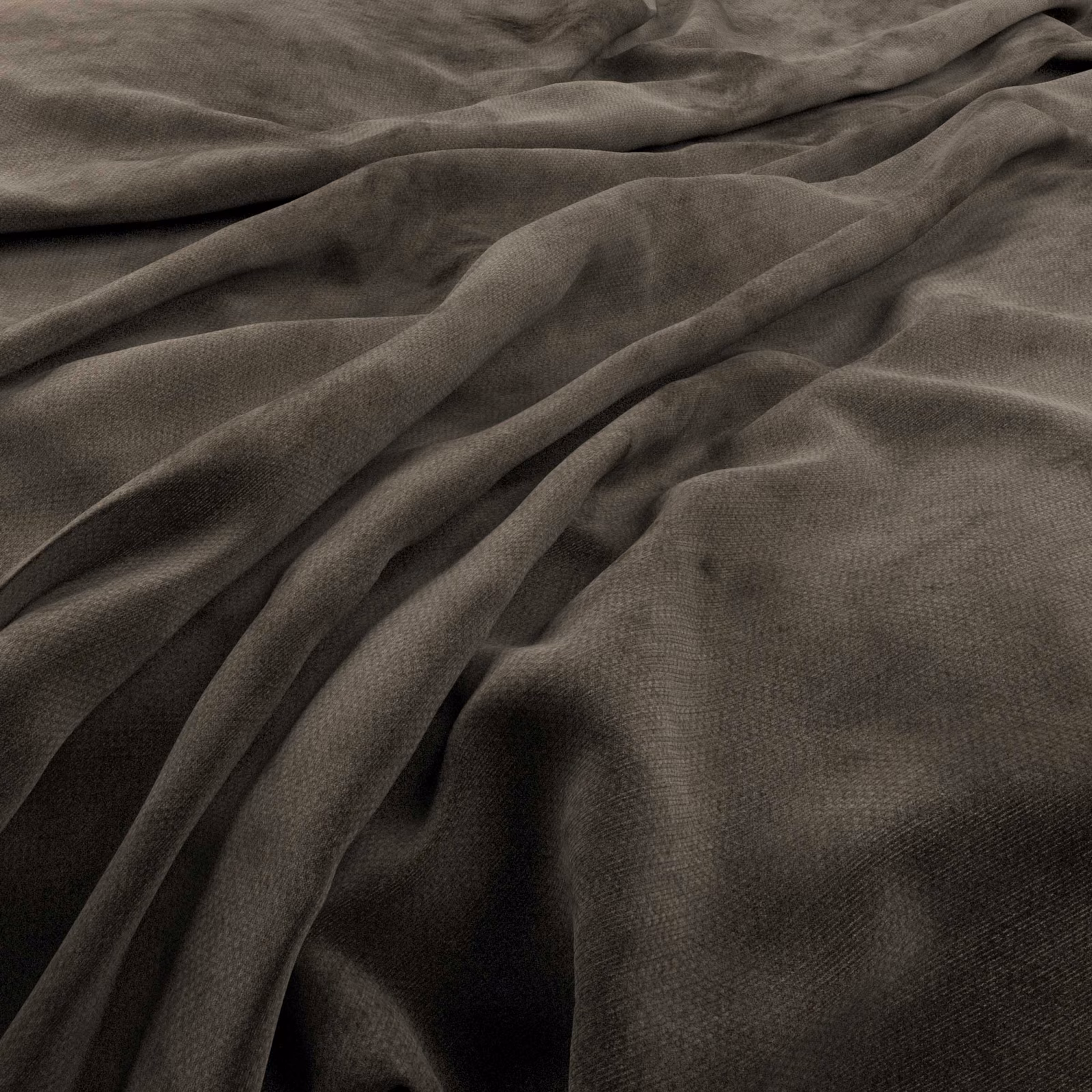 Deep charcoal-taupe woven fabric gathered into soft, shadowed folds