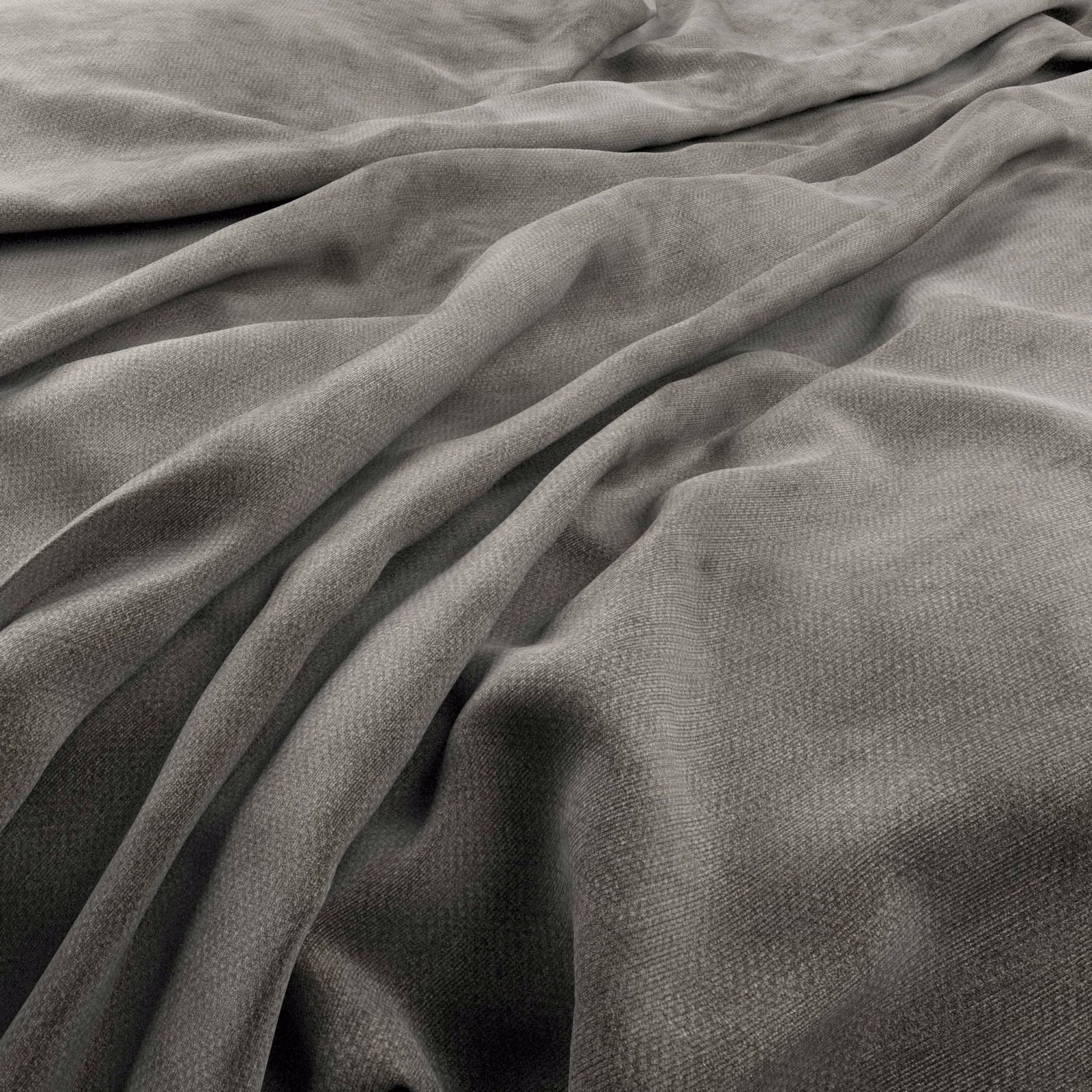 Close fine weave in graphite grey, gathered into softly shadowed fluid folds