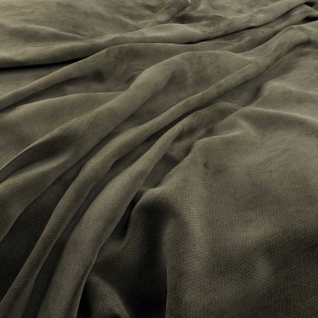 Deep hunter-olive fabric with fine woven texture and softly shaded draped folds