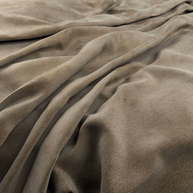 Close-up of warm taupe woven fabric draped in softly shaded folds