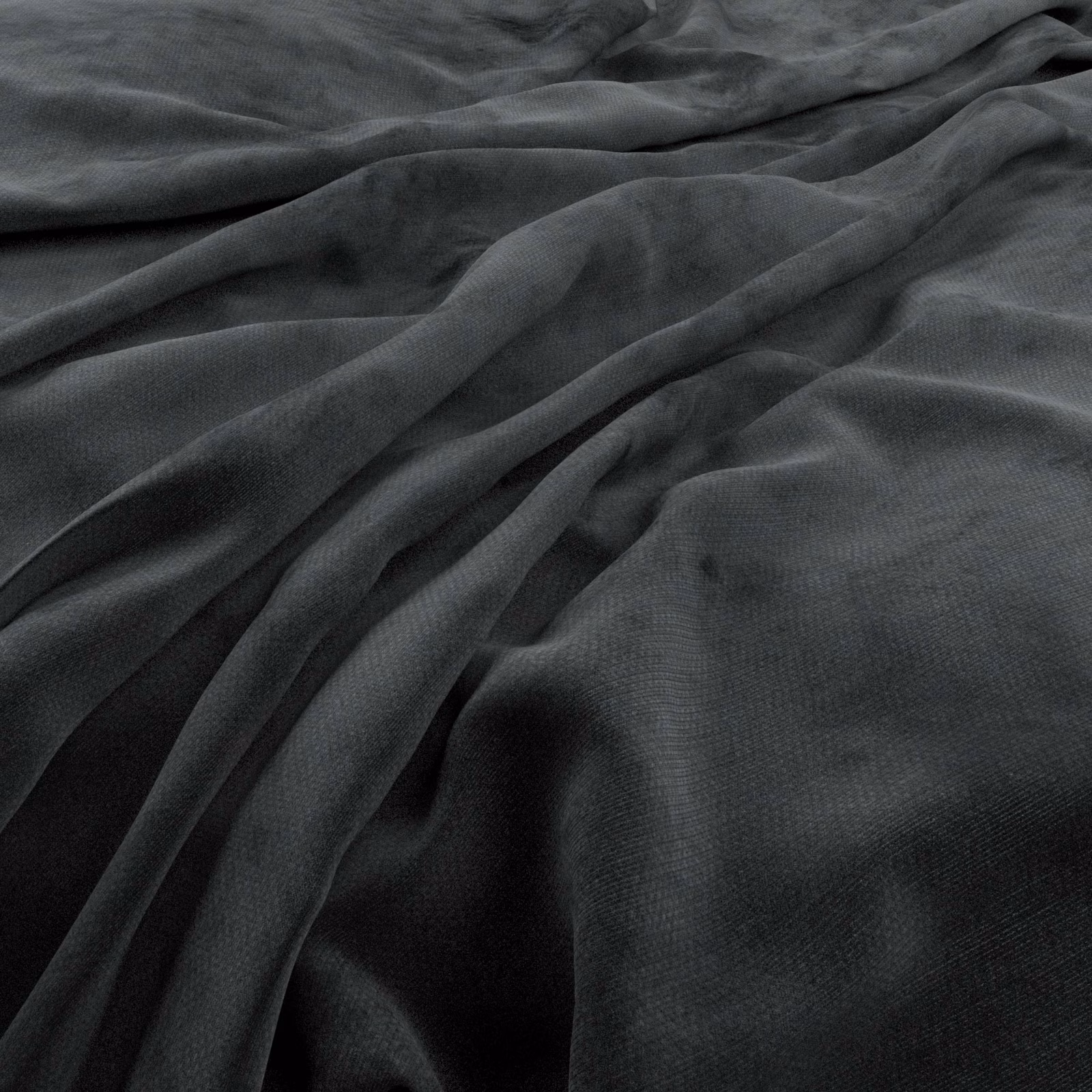 Flowing charcoal blue-grey fabric folds with a fine, subtly grained surface