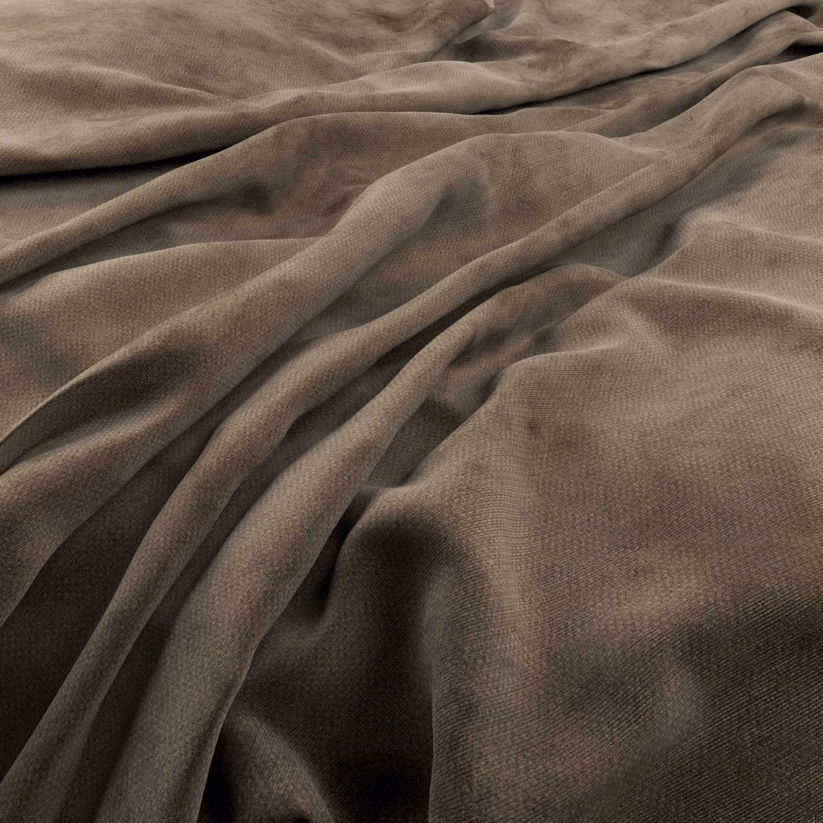 Warm mink-taupe fabric with fine velvety texture and deep folded shadows