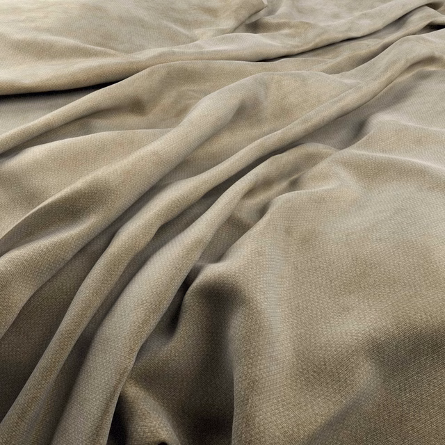 Warm taupe-grey woven fabric gathered into soft folds with a fine, subtle texture