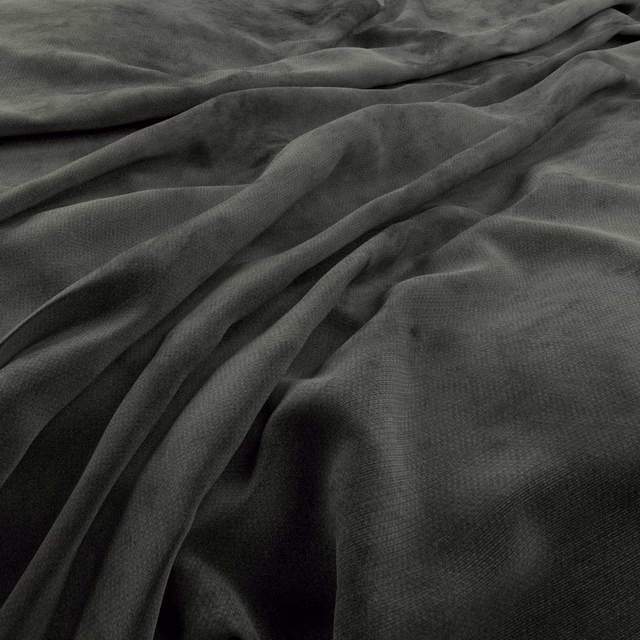 Dark pewter-grey fabric with fine woven texture arranged in soft folds