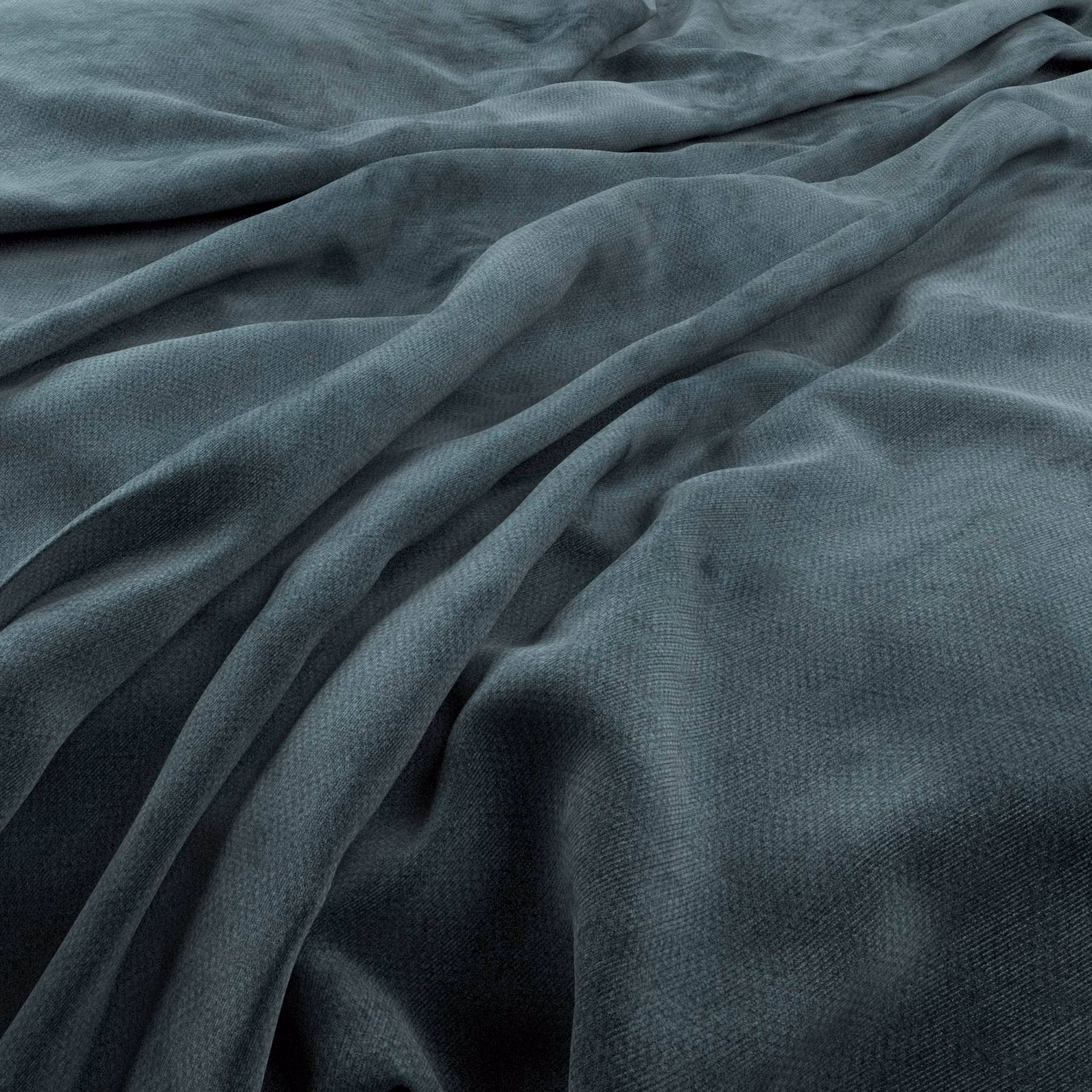 Deep Prussian blue-grey fabric with fine woven texture in soft diagonal folds