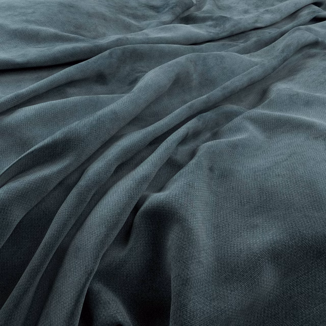 Deep Prussian blue-grey fabric with fine woven texture in soft diagonal folds