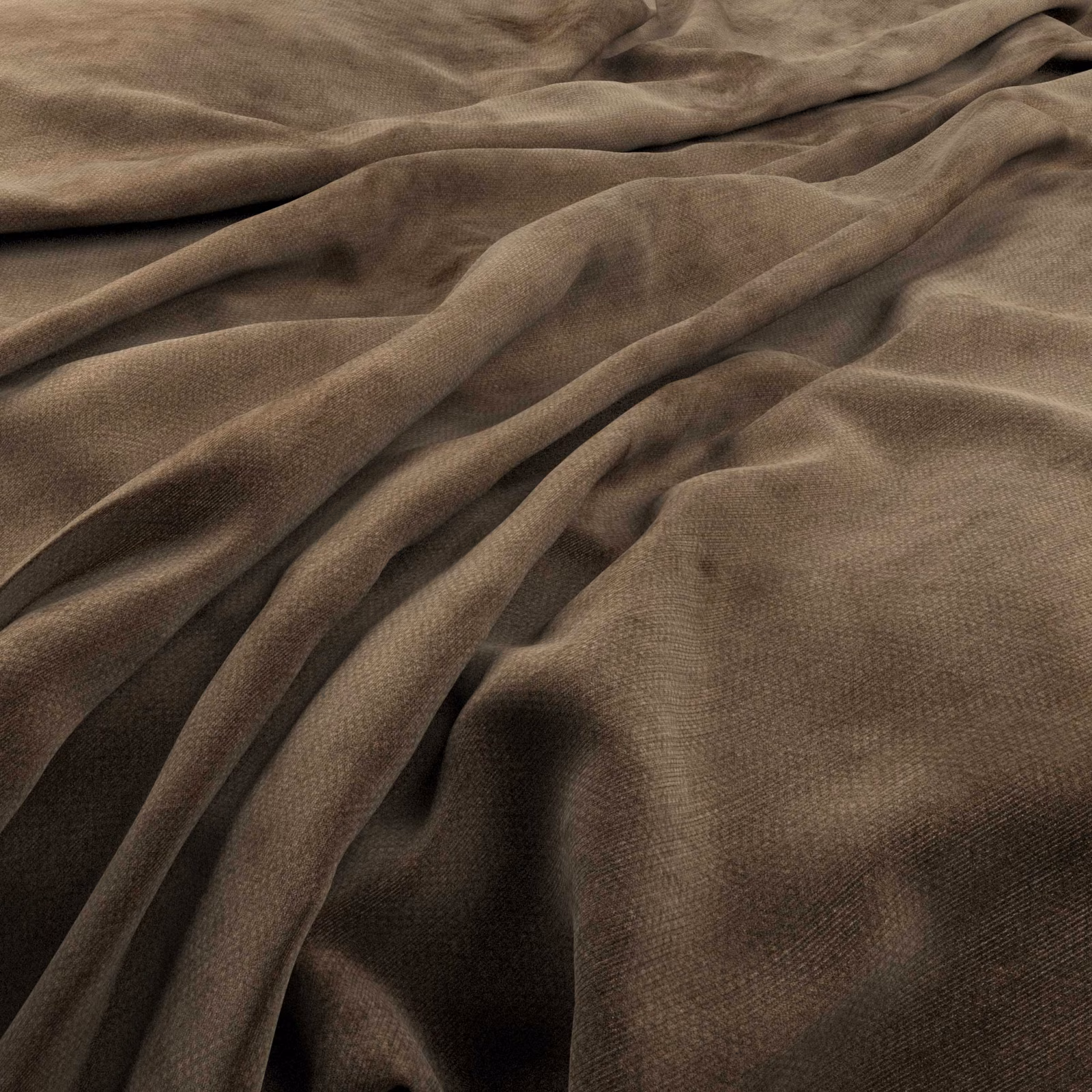 Muted sable-taupe fabric draped in flowing folds, showing a fine textured weave
