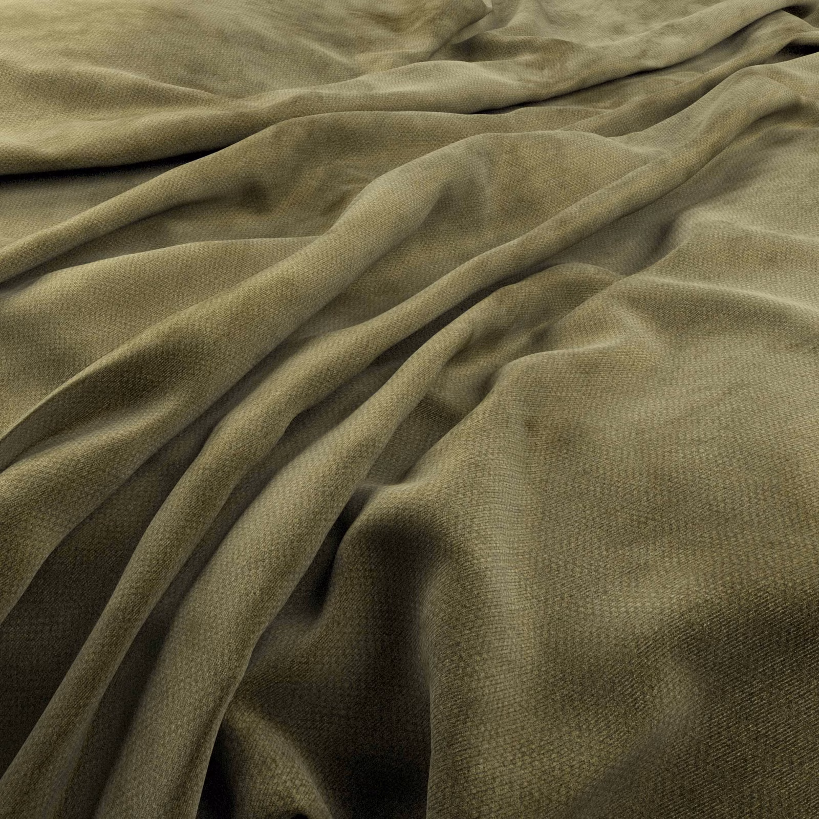 Close view of muted olive-green fabric with fine woven texture in soft folds
