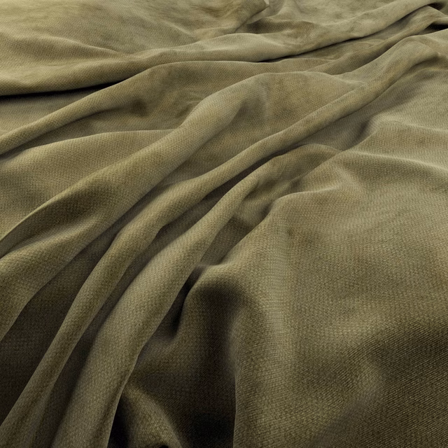 Close view of muted olive-green fabric with fine woven texture in soft folds