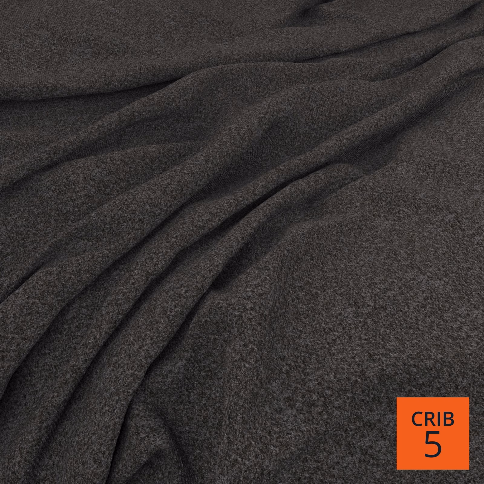 Near-black charcoal fabric with fine mottled texture arranged in soft, broad folds