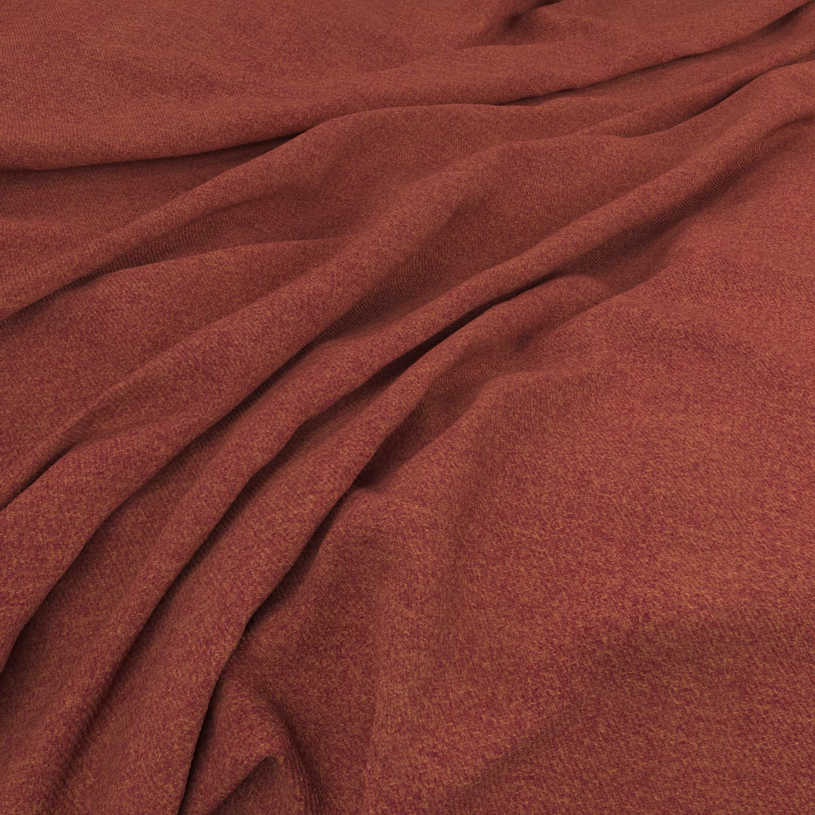 Close-up of deep rust-red fabric with a fine weave gathered into soft flowing folds