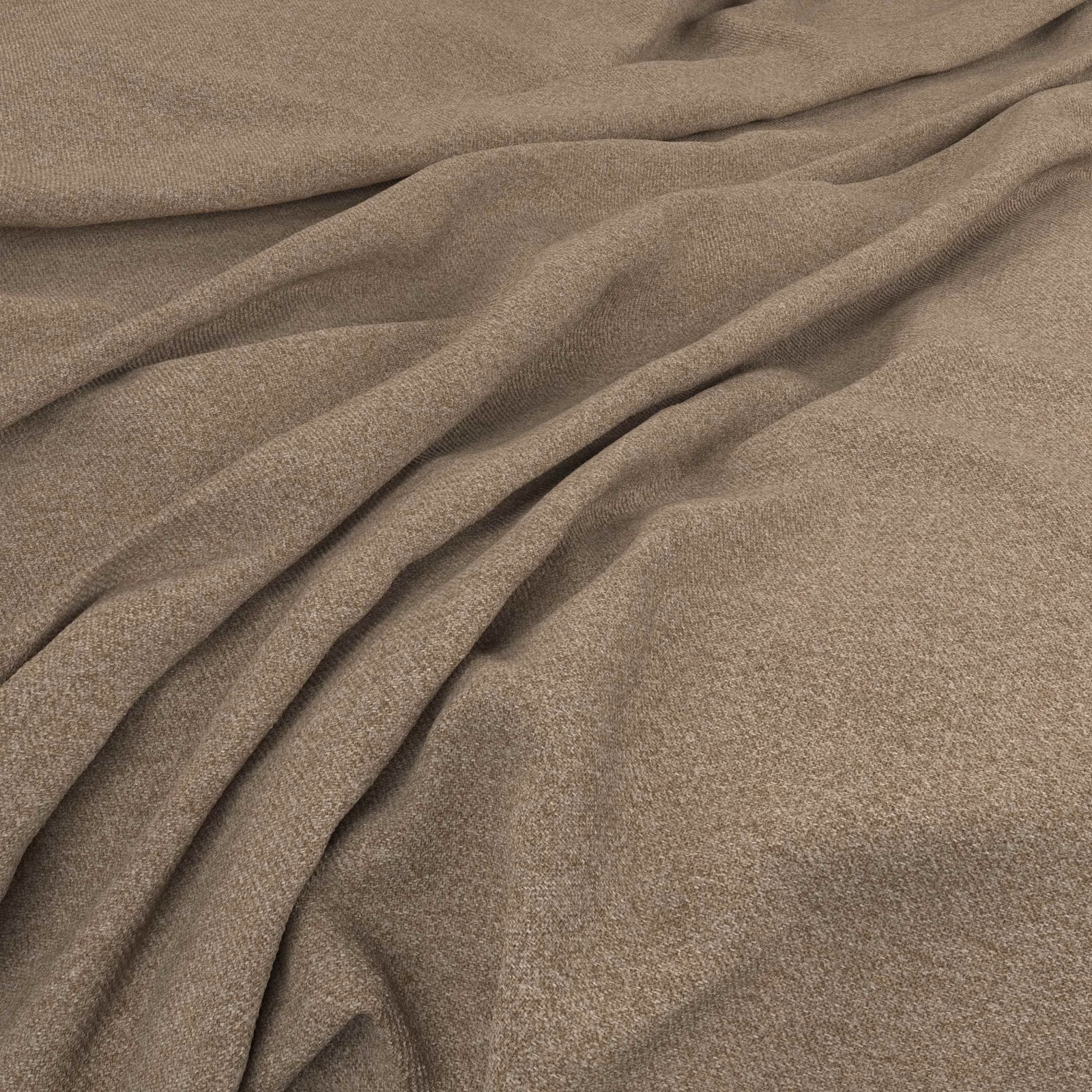 Warm truffle taupe fabric showing a fine weave and deep soft folds