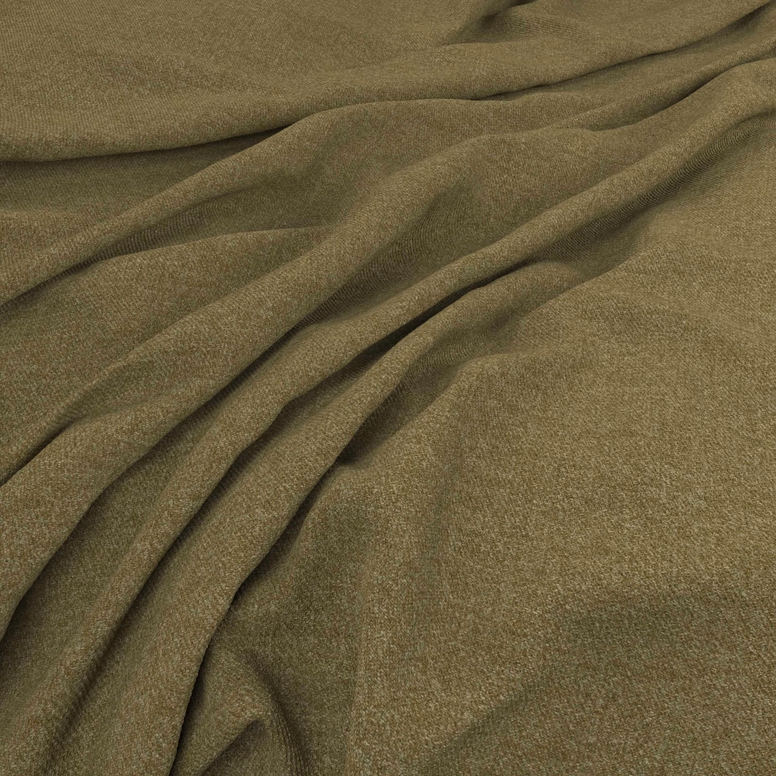 Muted olive-taupe plain weave fabric draped into soft, deep folds