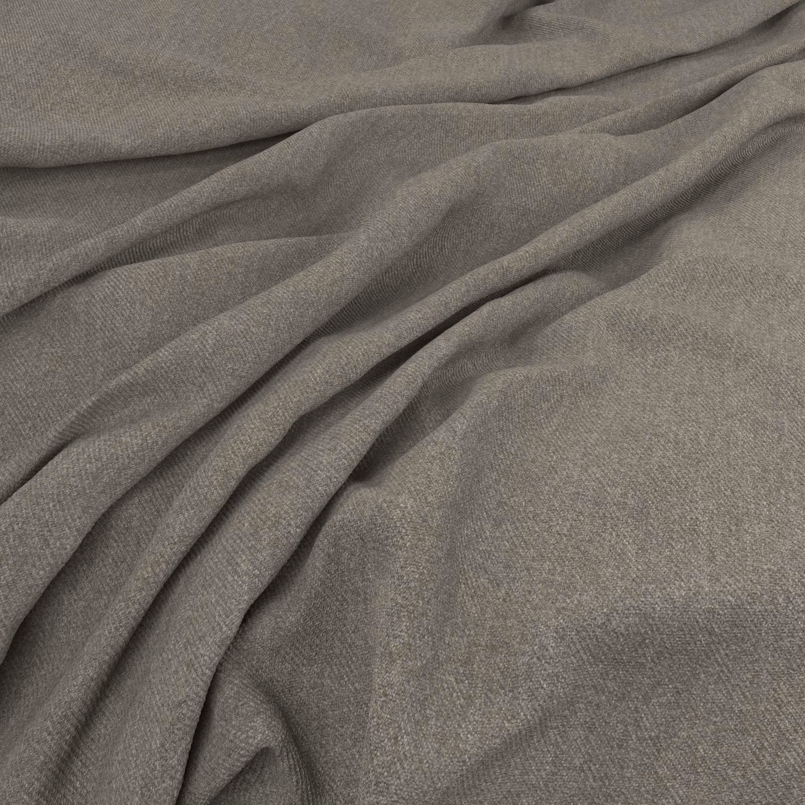 Muted taupe-grey woven fabric with fine texture gathered into soft, flowing folds