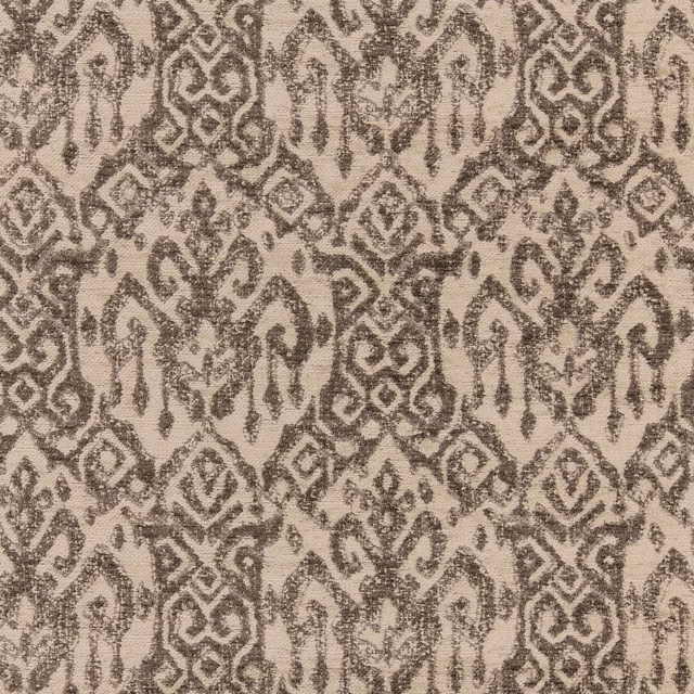 Charcoal and warm stone-beige woven fabric with repeating ornate geometric motifs
