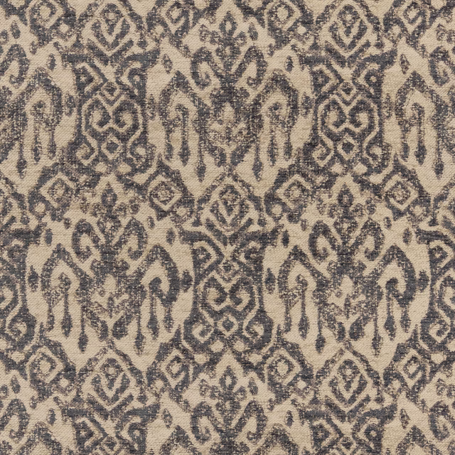 Textured beige fabric with repeating deep indigo damask motifs and geometric medallions