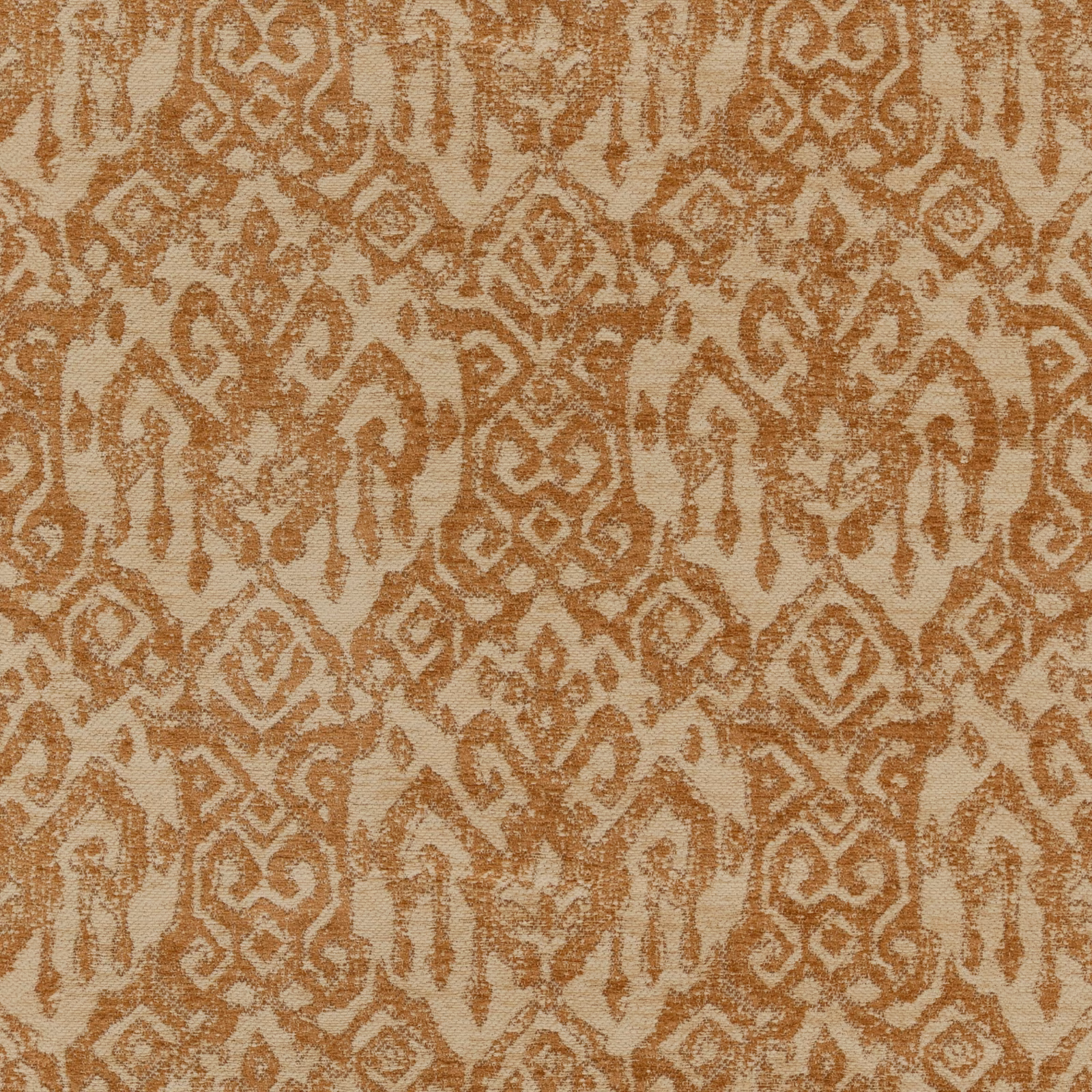 Warm ochre woven textile with distressed cream geometric motifs and textured ground