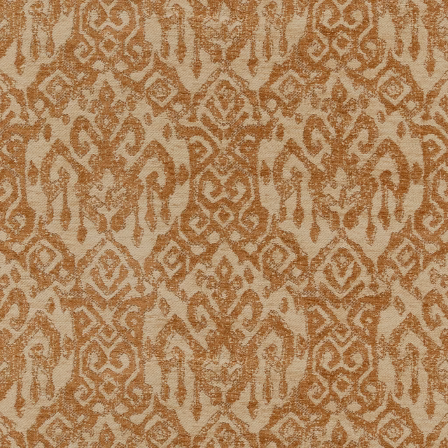 Warm ochre woven textile with distressed cream geometric motifs and textured ground