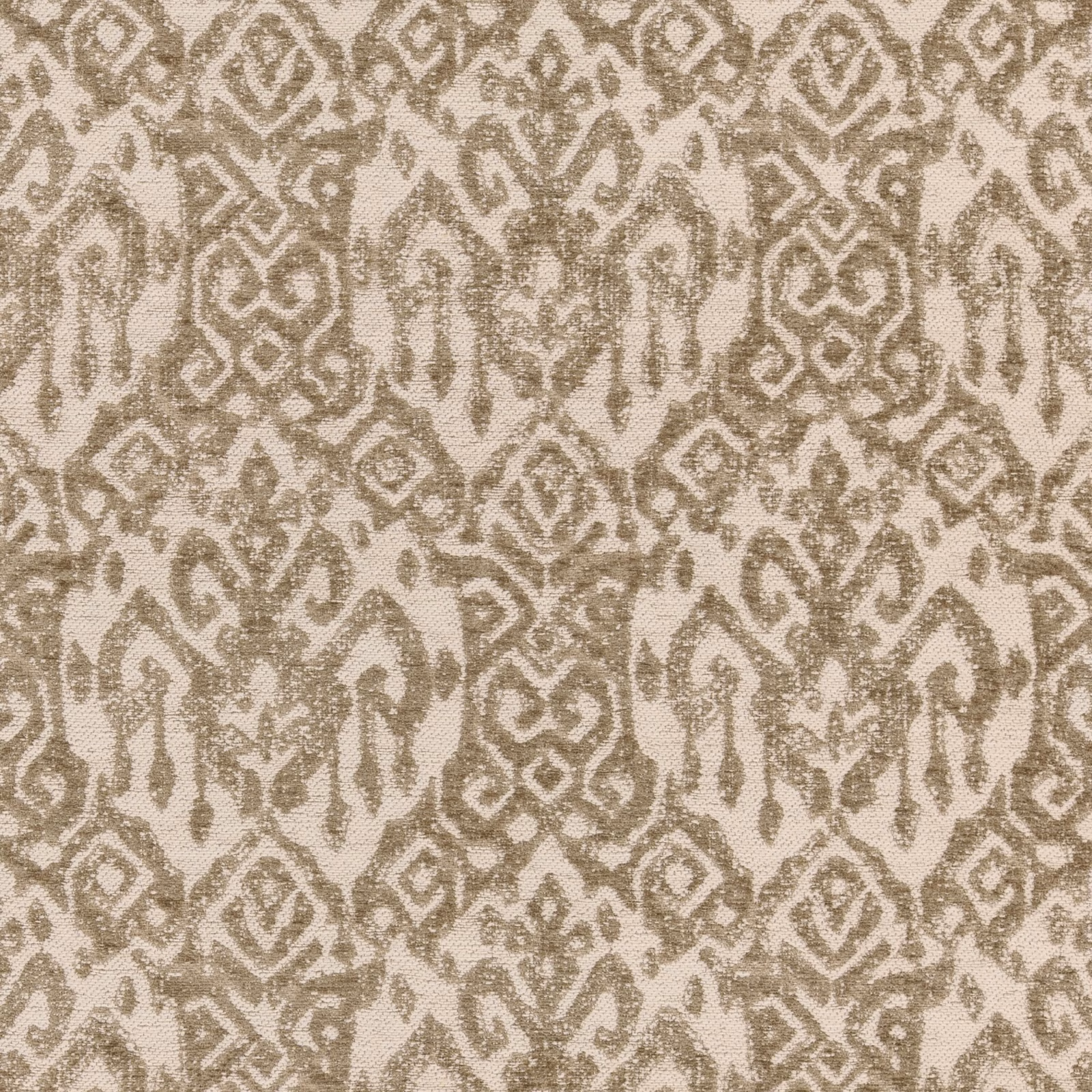 Warm stone taupe woven fabric with repeating diamonds and curling ornamental motifs