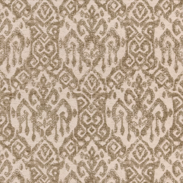 Warm stone taupe woven fabric with repeating diamonds and curling ornamental motifs