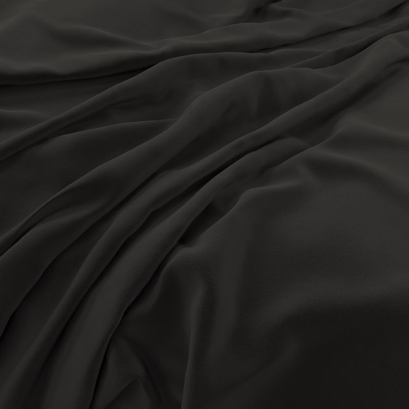 Near-black velvet with a soft sheen, gathered into deep flowing folds