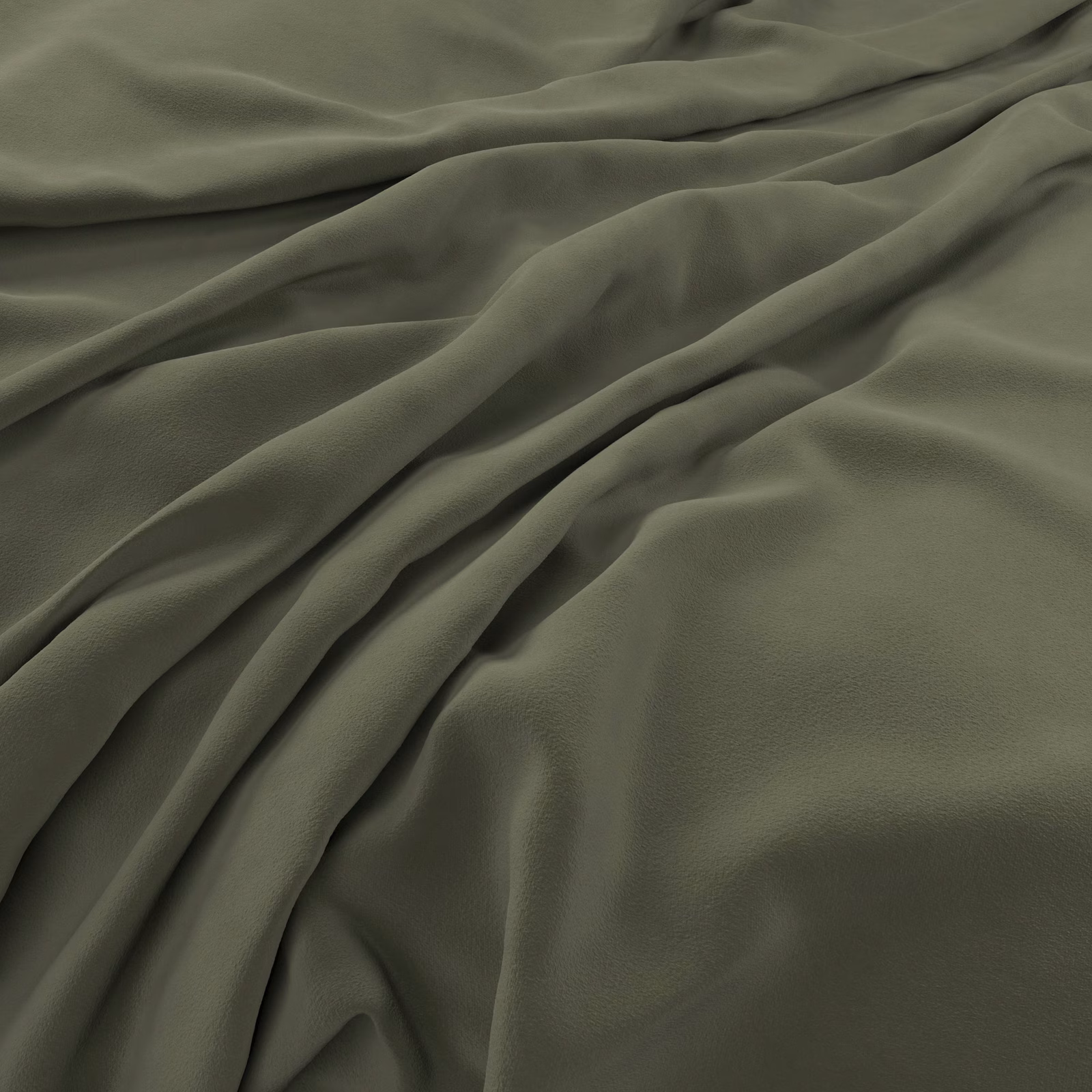 Deep olive-green velvet draped in folds, showing a smooth plush pile and subtle sheen