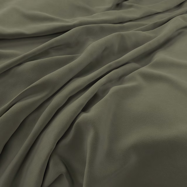 Deep olive-green velvet draped in folds, showing a smooth plush pile and subtle sheen
