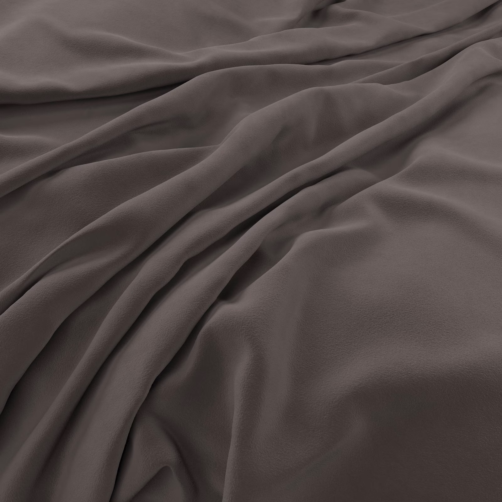 Deep smoky taupe velvet with low sheen and softly pooled folds