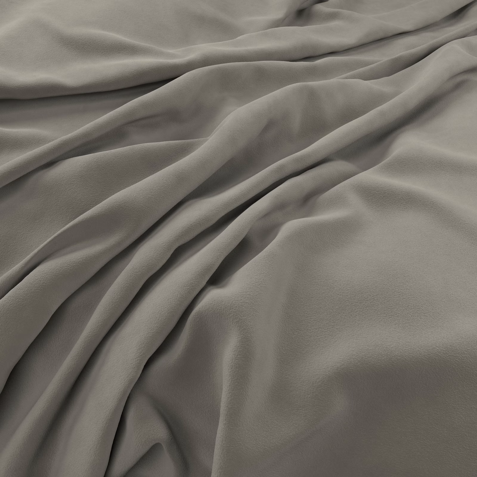 Muted greige-grey velvet with plush nap, soft sheen and deep draped folds