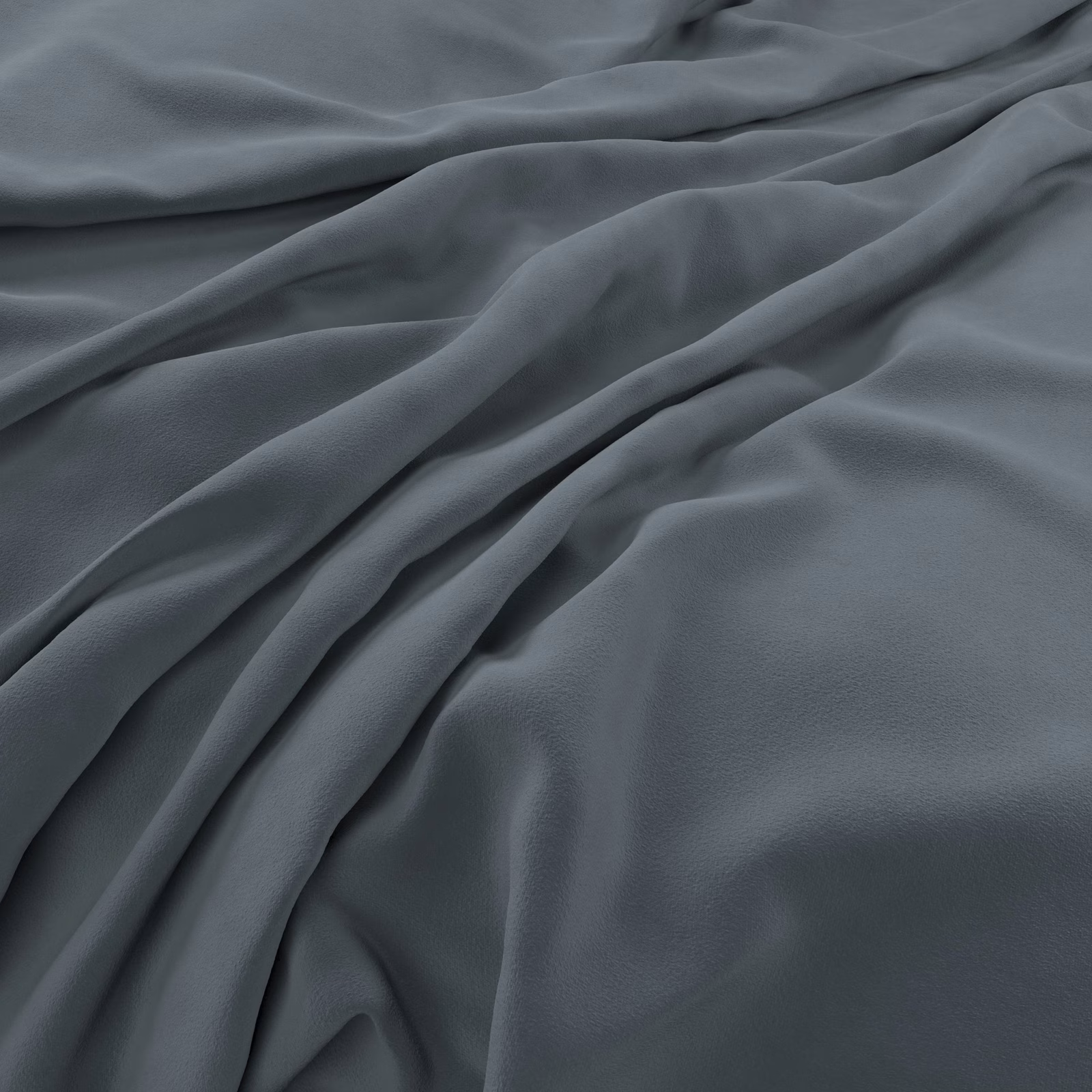 Deep slate blue-grey velvet with soft highlights gathered into flowing folds
