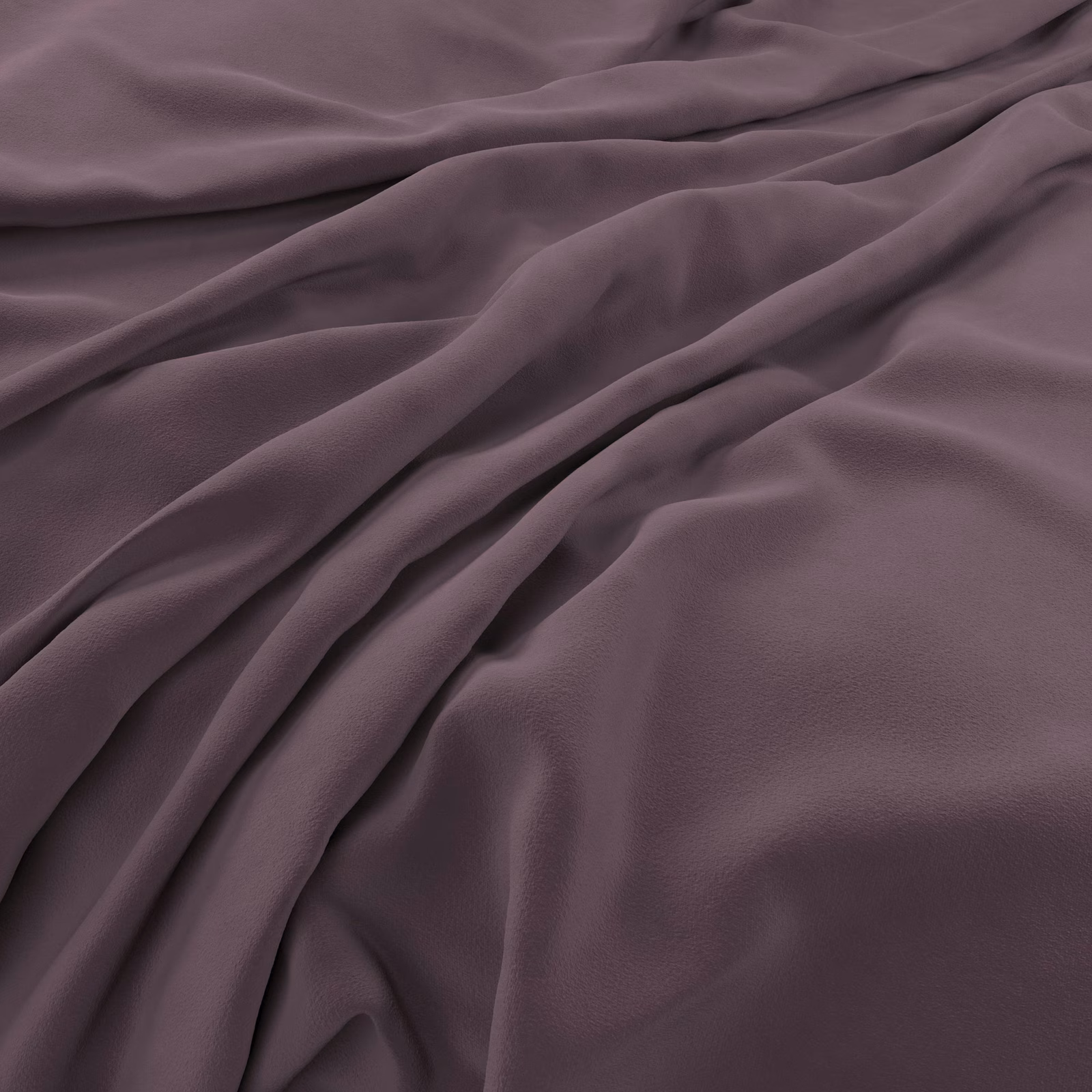 Deep mauve-plum velvet with soft sheen gathered into broad flowing folds