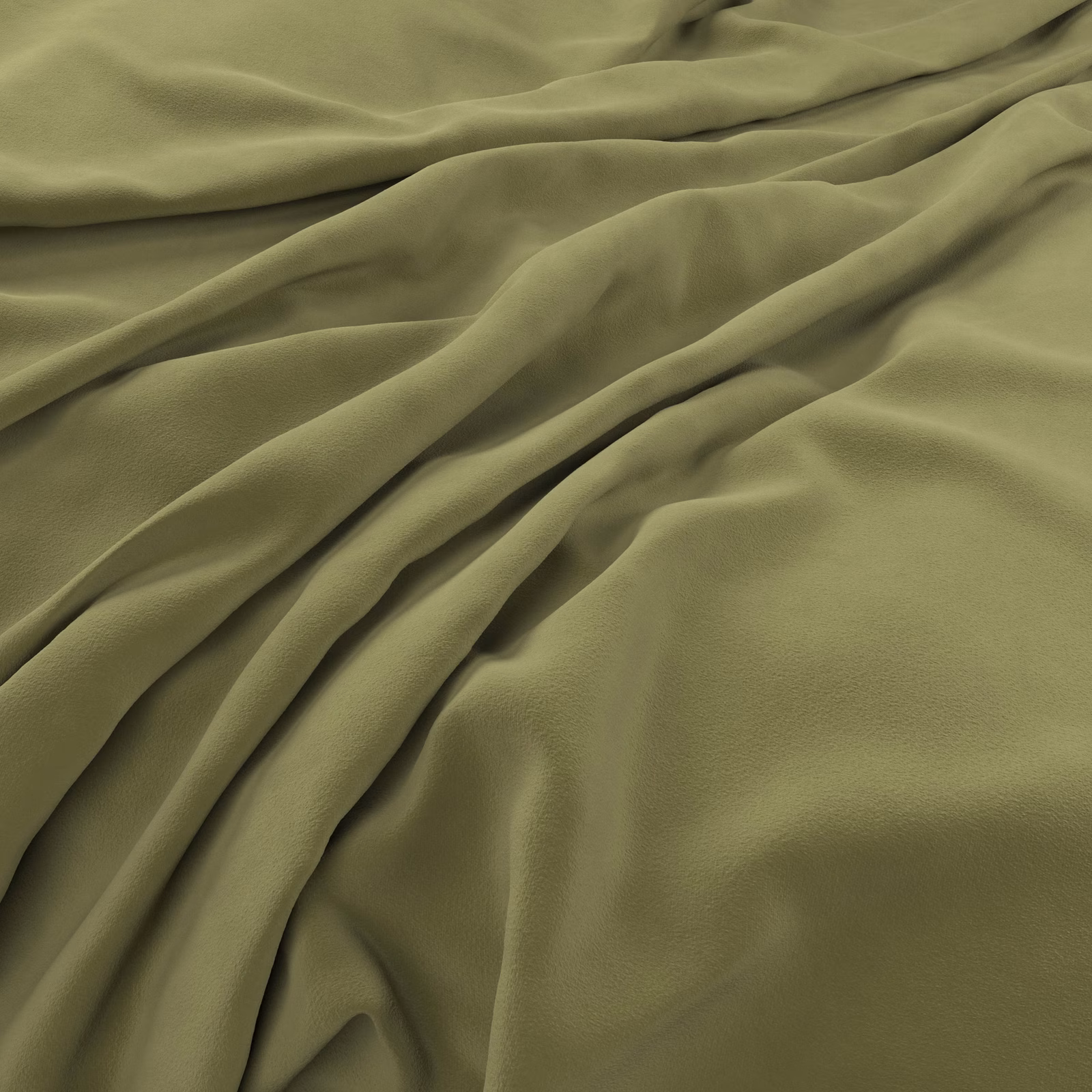 Close-up of muted olive-green velvet with smooth lustre and deep gathered folds