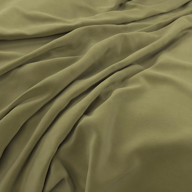 Close-up of muted olive-green velvet with smooth lustre and deep gathered folds