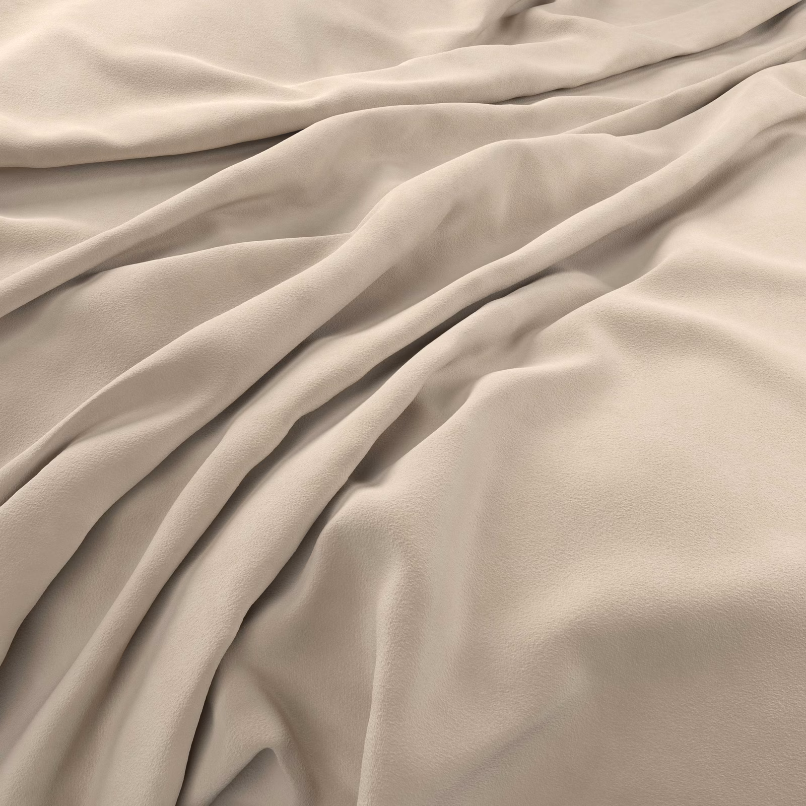 Warm oyster taupe velvet with creamy highlights and deep folds across its smooth surface