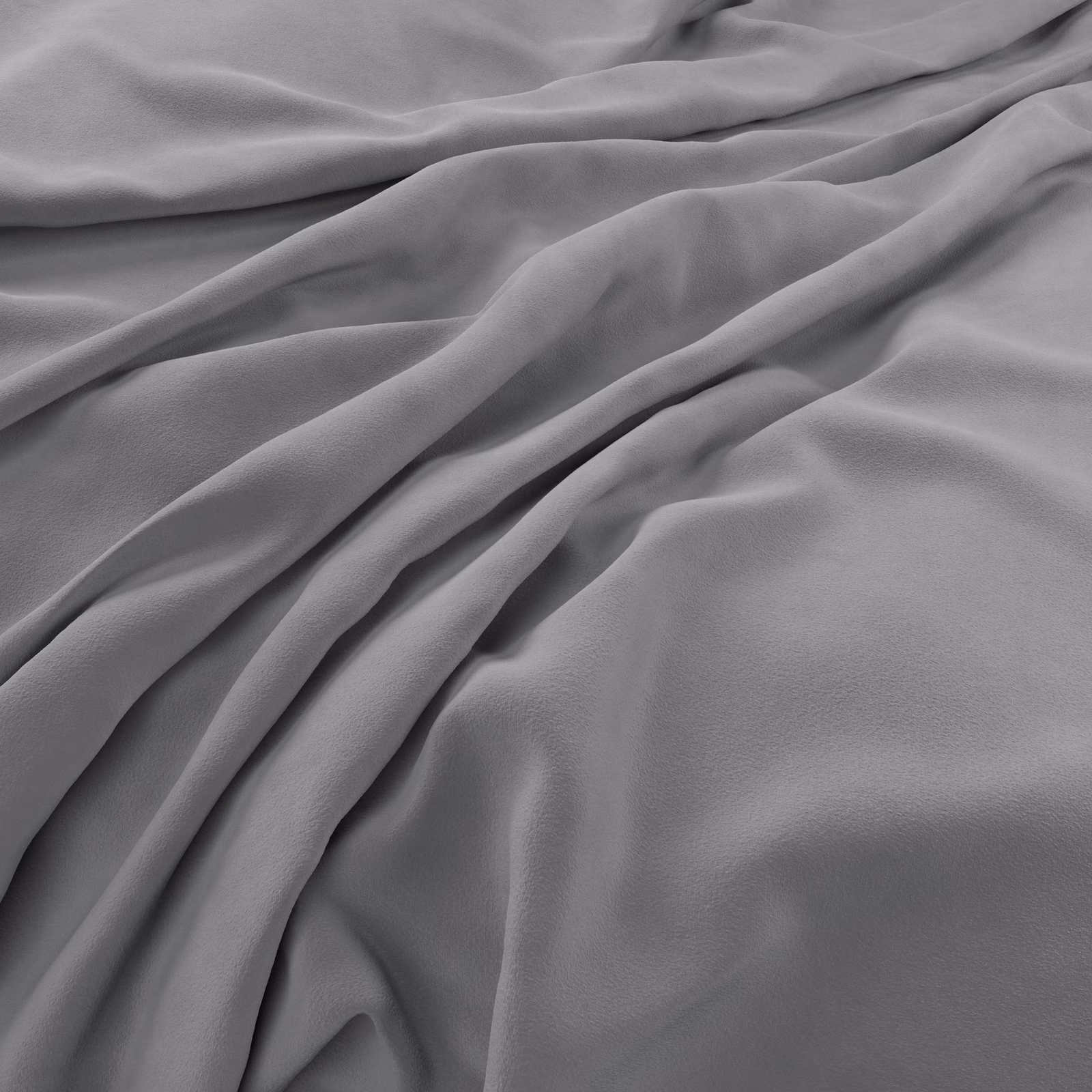 Cool silver-grey velvet with smooth pile, soft sheen, and deep flowing folds.