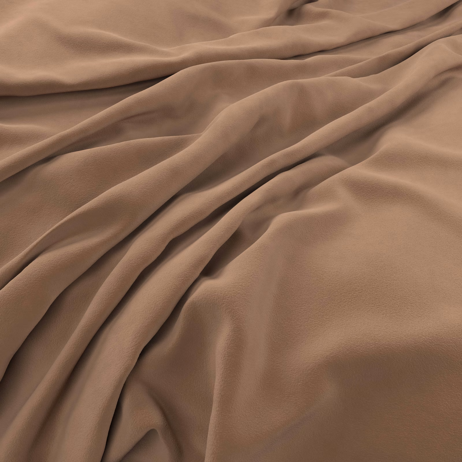 Warm sinopia brown velvet with smooth sheen flowing through deep gathered folds